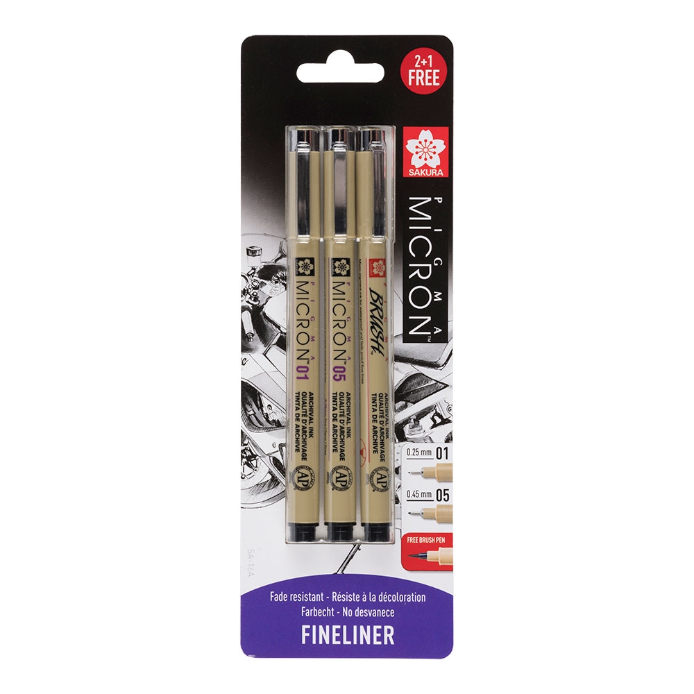 Set Sakura Micron 01/05 Black blister Pigma Brush gratis pentru școală, desen, pictură, hobby și proiecte creative.