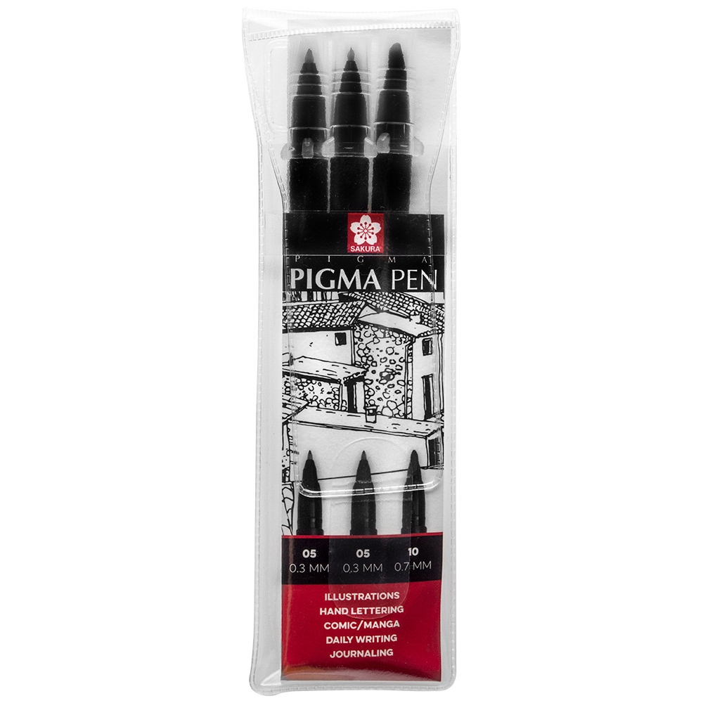 Set 3 markere Sakura Pigma Professional Pen Black pentru desen, scriere, colorare și proiecte creative.
