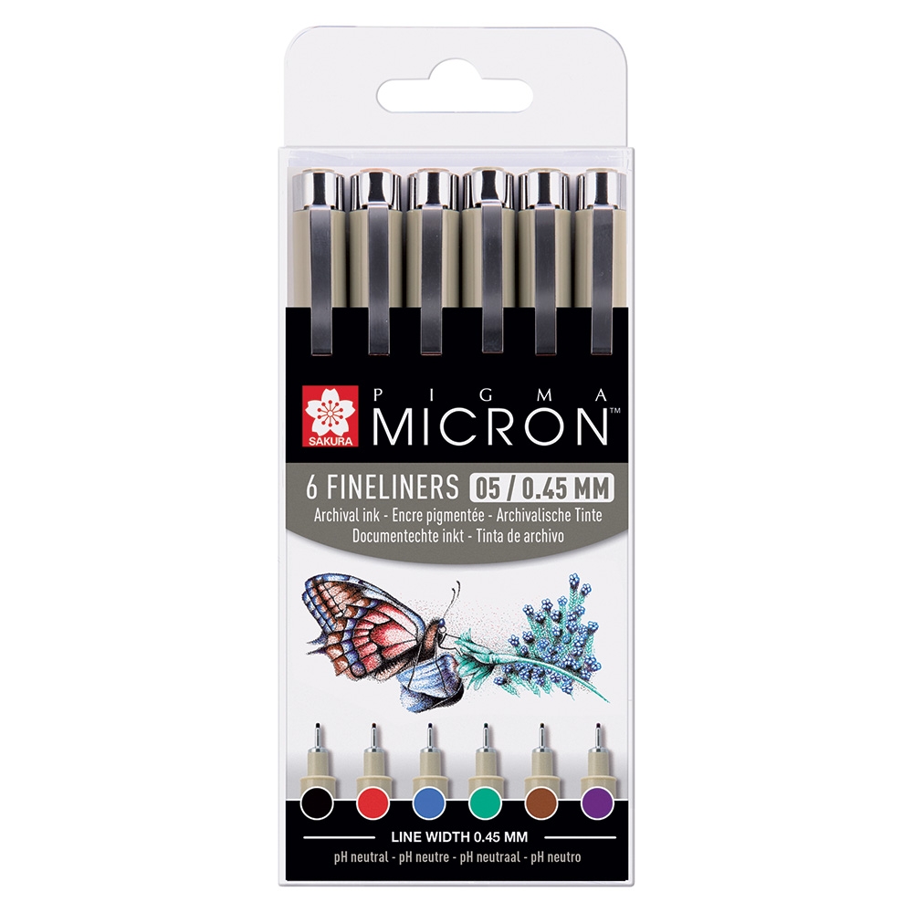 Set Pigma Micron 05 Basic Colors Wallet 6 pentru școală, desen, pictură, hobby și proiecte creative.