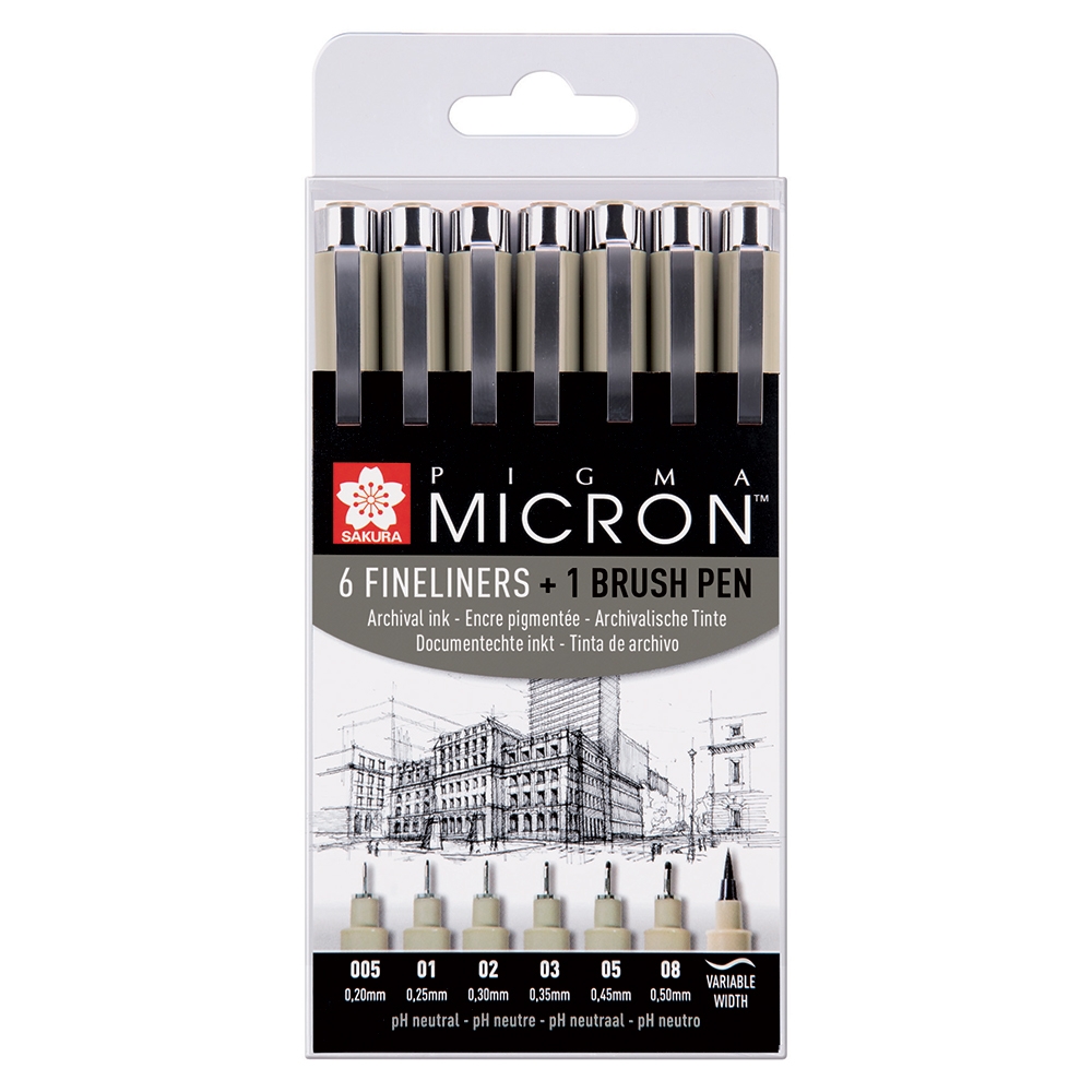 Set linere Sakura Pigma Micron Wallet 6 + 1 Black pentru școală, desen, pictură, hobby și proiecte creative.