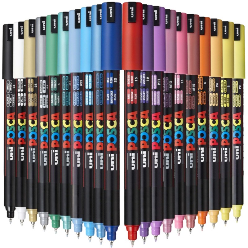 Marker cu vopsea acrilica – varf fin metalic 0.7mm PC 1MR Uni Posca pentru desen, scriere, colorare și proiecte creative.