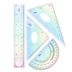 Set geometrie 4 piese cu rigla de 15cm multicolor Deli