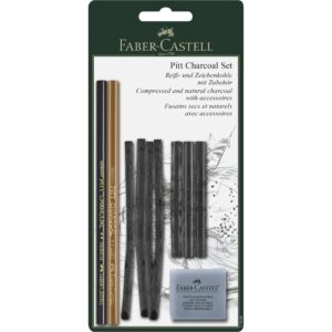 Set de 10 bucati pitt monochrome carbune blister Faber Castell pentru școală, desen, pictură, hobby și proiecte creative.