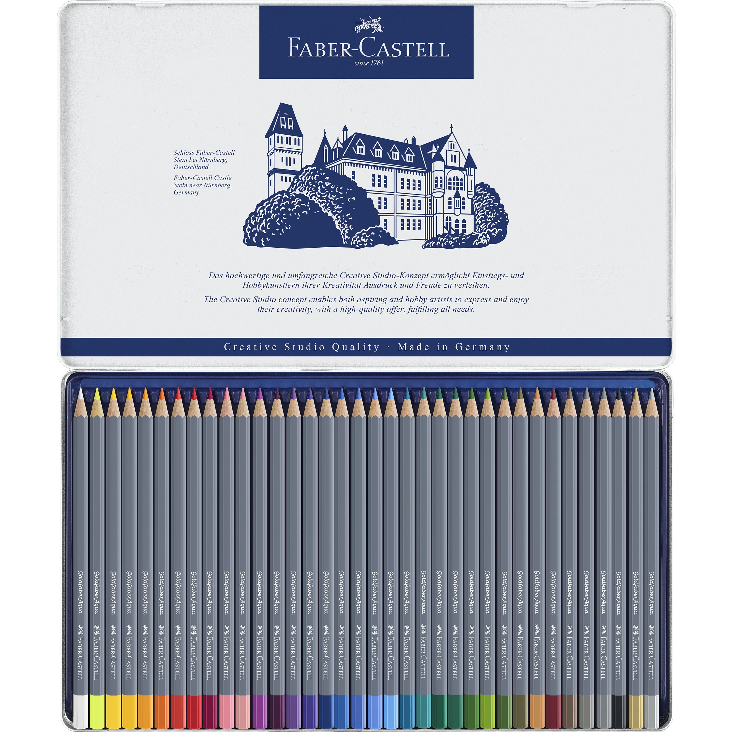 Creioane colorate acuarelabile set 36 culori Goldfaber pentru pictură în acuarelă, ilustrații și proiecte artistice.
