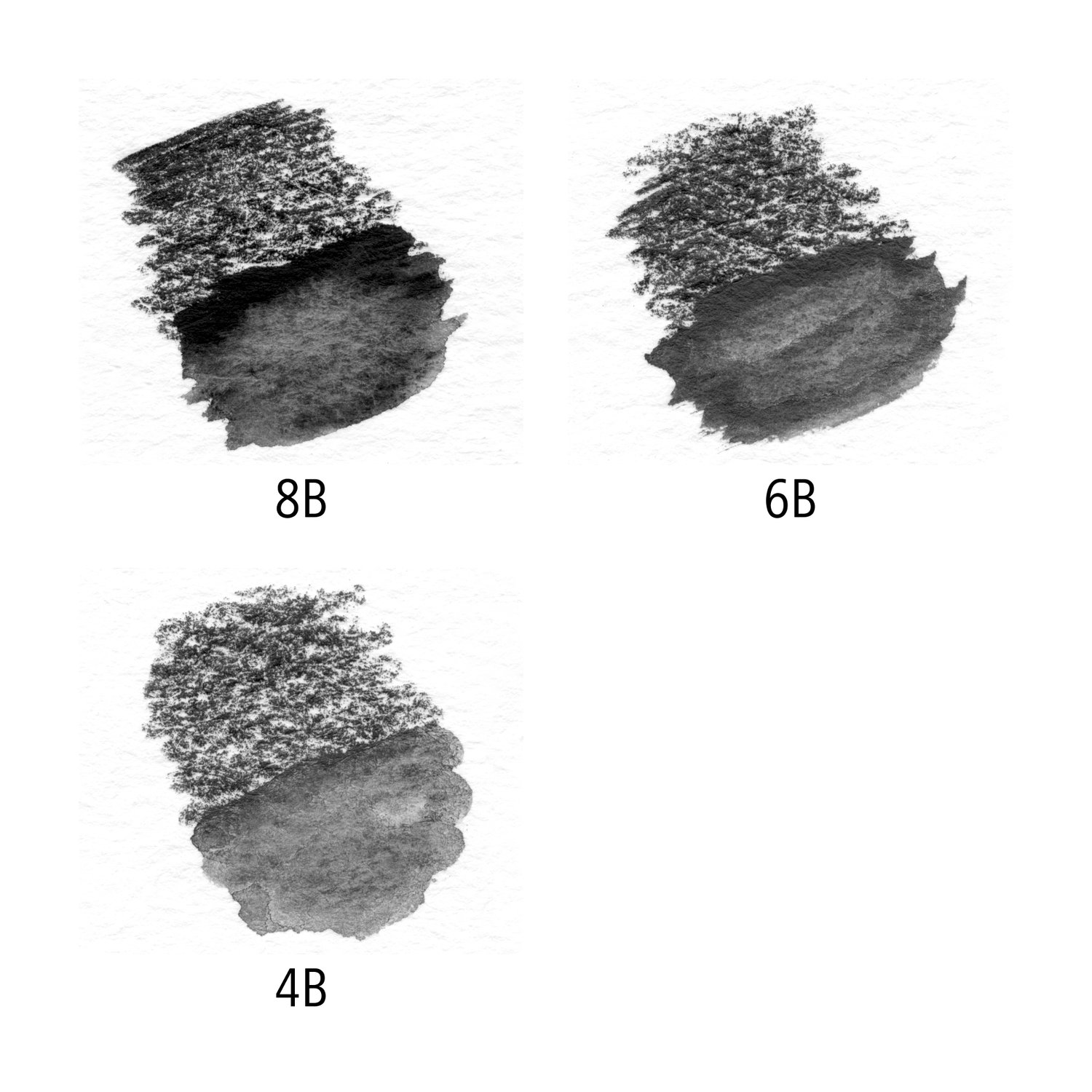 Setul include 3 creioane de tării diferite: 4B, 6B și 8B și o pensulă cu fir sintetic nr. 8.