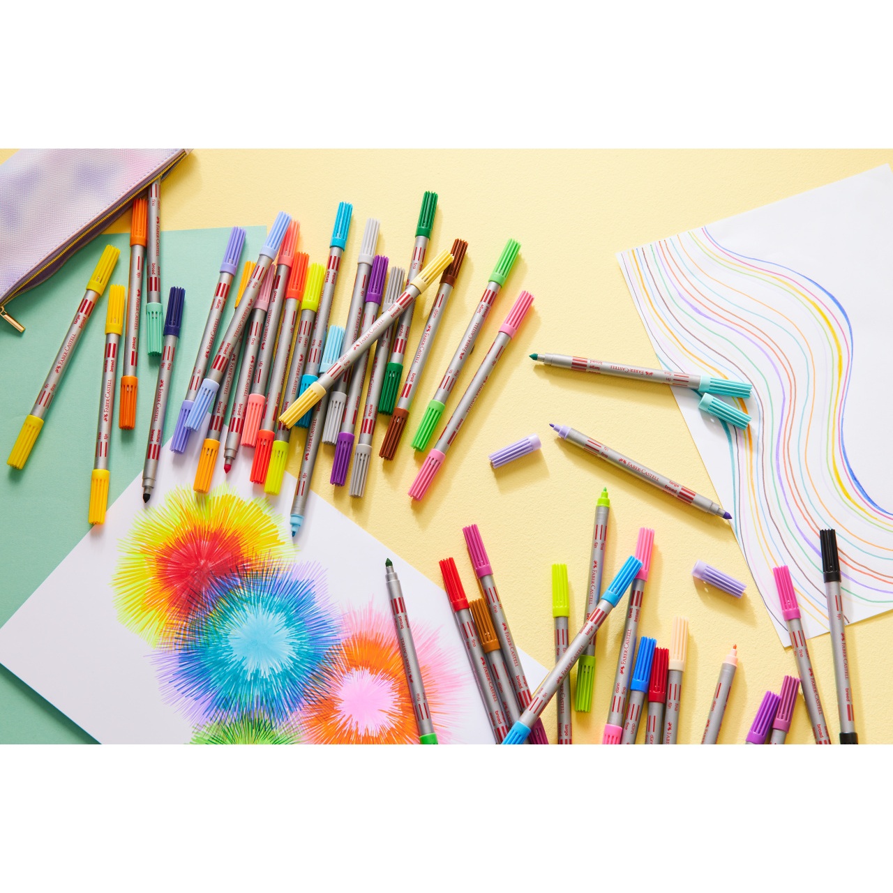 Carioci cu 2 capete 20 culori Faber Castell pentru desen, scriere, colorare și proiecte creative.