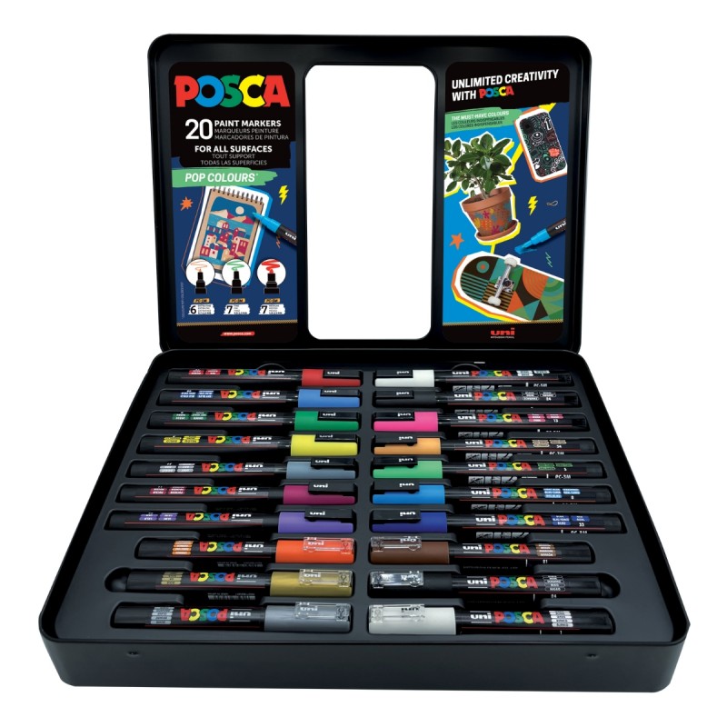 Set 20 Markere cu Vopsea Acrilica UNI Posca – POP colours pentru desen, scriere, colorare și proiecte creative.