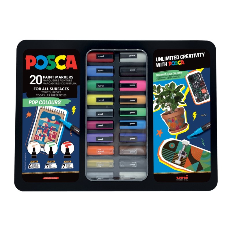 Set 20 Markere cu Vopsea Acrilica UNI Posca – POP colours pentru desen, scriere, colorare și proiecte creative.