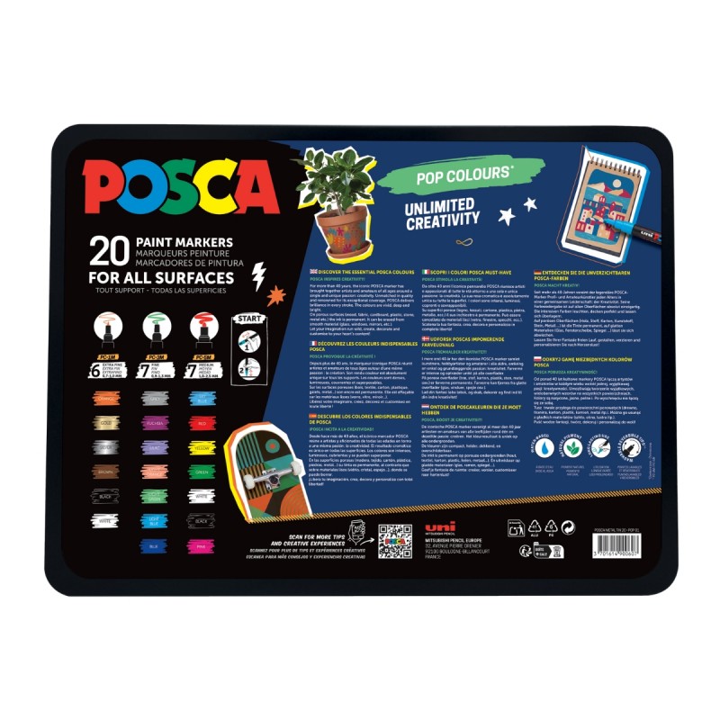 Set 20 Markere cu Vopsea Acrilica UNI Posca – POP colours pentru desen, scriere, colorare și proiecte creative.