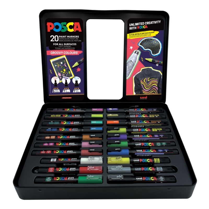 Set 20 Markere cu Vopsea Acrilica UNI Posca – Groovy Colours pentru desen, scriere, colorare și proiecte creative.