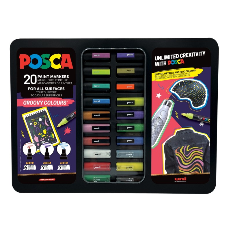 Set 20 Markere cu Vopsea Acrilica UNI Posca – Groovy Colours pentru desen, scriere, colorare și proiecte creative.