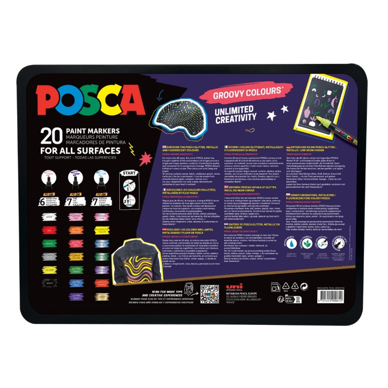 Set 20 Markere cu Vopsea Acrilica UNI Posca – Groovy Colours pentru desen, scriere, colorare și proiecte creative.