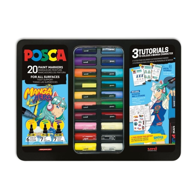 Set 20 Markere cu Vopsea Acrilica UNI Posca – Manga Hero pentru desen, scriere, colorare și proiecte creative.