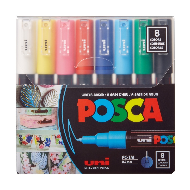 Set 8 Markere cu Vopsea Acrilica PC 1M Uni Posca pentru desen, scriere, colorare și proiecte creative.