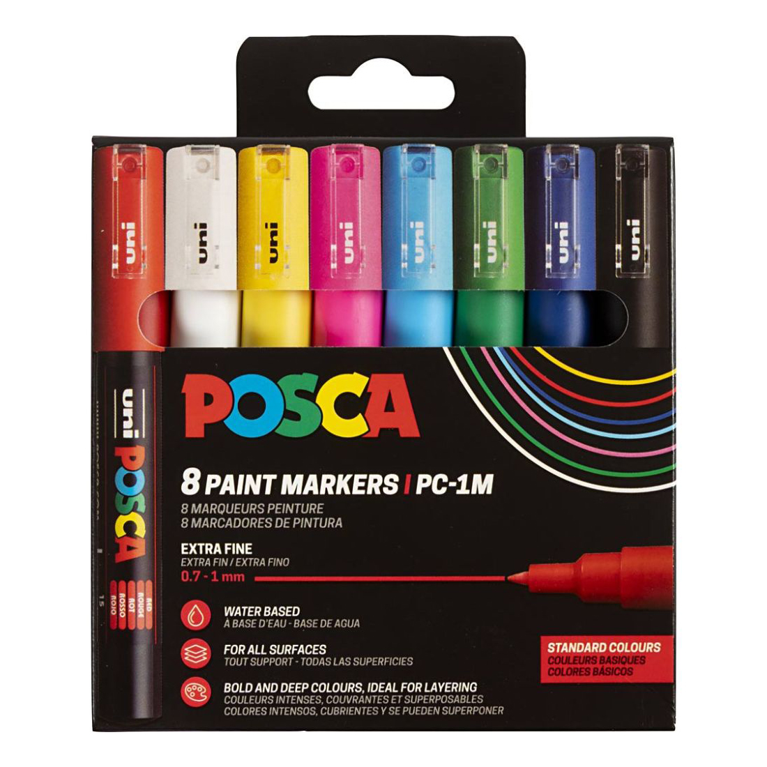 Set 8 Markere cu Vopsea Acrilica PC 1M Uni Posca pentru desen, scriere, colorare și proiecte creative.