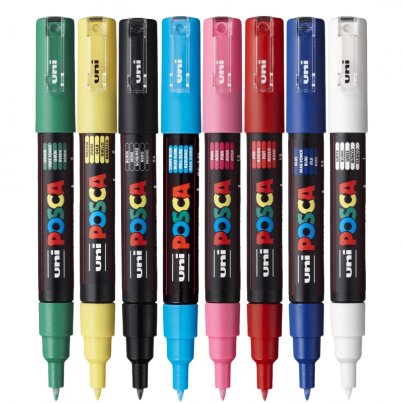 Set 8 Markere cu Vopsea Acrilica PC 1M Uni Posca pentru desen, scriere, colorare și proiecte creative.