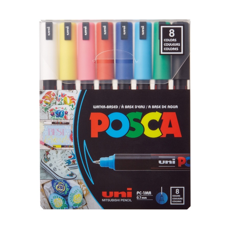 Set 8 Markere Acrilice PC 1MR Uni Posca pentru desen, scriere, colorare și proiecte creative.