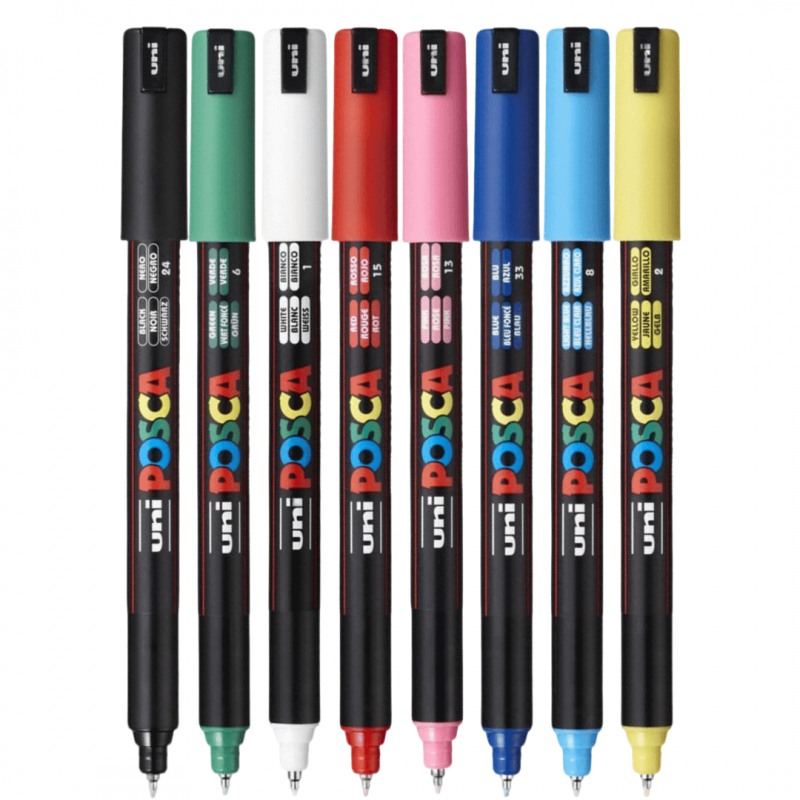 Set 8 Markere Acrilice PC 1MR Uni Posca pentru desen, scriere, colorare și proiecte creative.