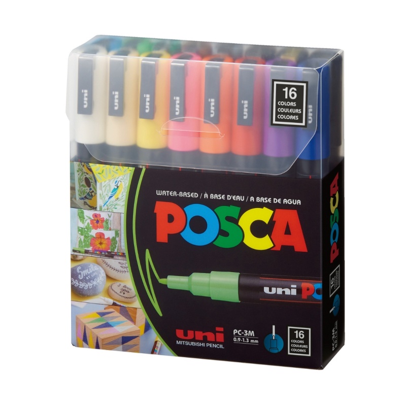 Set 16 Markere cu Vopsea Acrilica PC 3M Uni Posca pentru desen, scriere, colorare și proiecte creative.