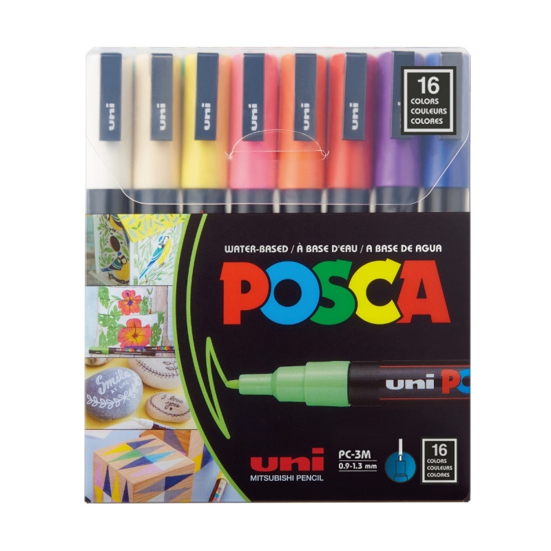 Set 16 Markere cu Vopsea Acrilica PC 3M Uni Posca pentru desen, scriere, colorare și proiecte creative.