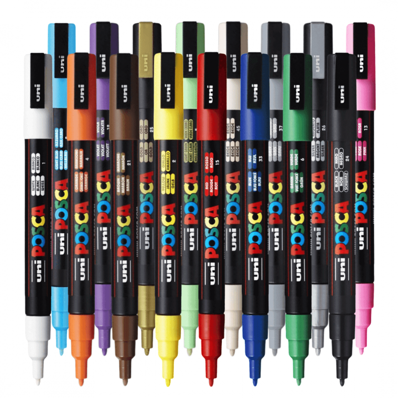 Set 16 Markere cu Vopsea Acrilica PC 3M Uni Posca pentru desen, scriere, colorare și proiecte creative.