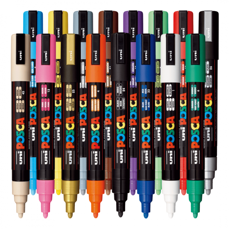 Set 16 Markere cu Vopsea Acrilica PC 5M Uni Posca – vârf rotund 1.8 2.5mm pentru desen, scriere, colorare și proiecte creative.