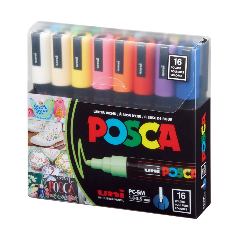 Set 16 Markere cu Vopsea Acrilica PC 5M Uni Posca – vârf rotund 1.8 2.5mm pentru desen, scriere, colorare și proiecte creative.
