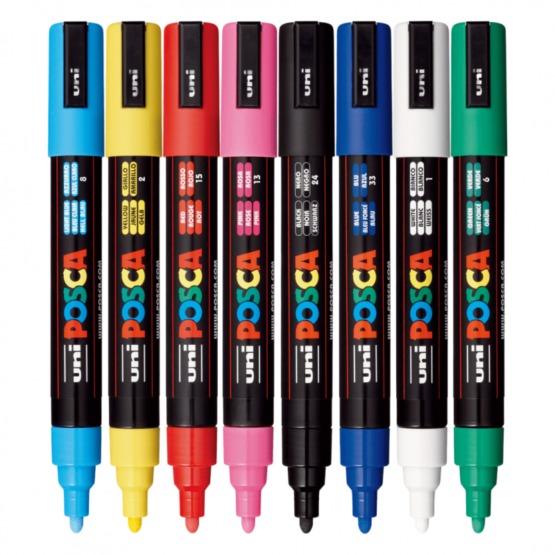 Set 8 Markere cu Vopsea Acrilica PC 5M Uni Posca pentru desen, scriere, colorare și proiecte creative.