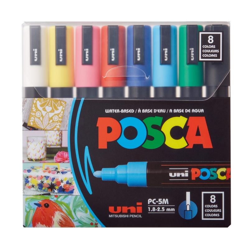 Set 8 Markere cu Vopsea Acrilica PC 5M Uni Posca pentru desen, scriere, colorare și proiecte creative.