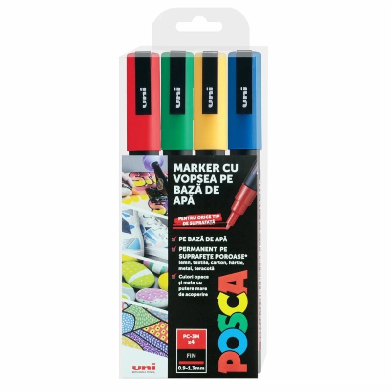 Set 4 Markere cu Vopsea Acrilica PC 3M Uni Posca pentru desen, scriere, colorare și proiecte creative.