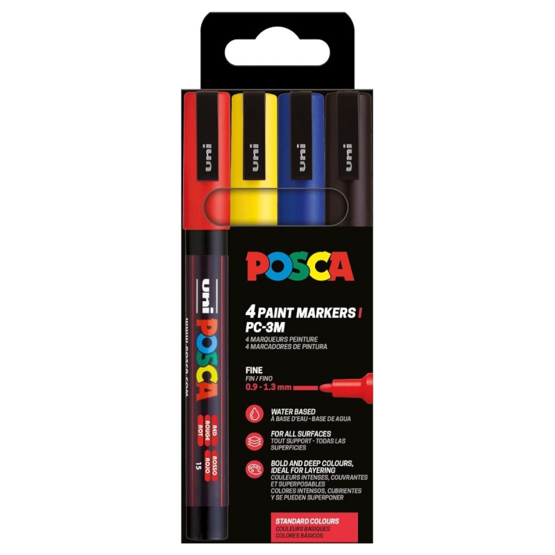 Set 4 Markere cu Vopsea Acrilica PC 3M Uni Posca pentru desen, scriere, colorare și proiecte creative.