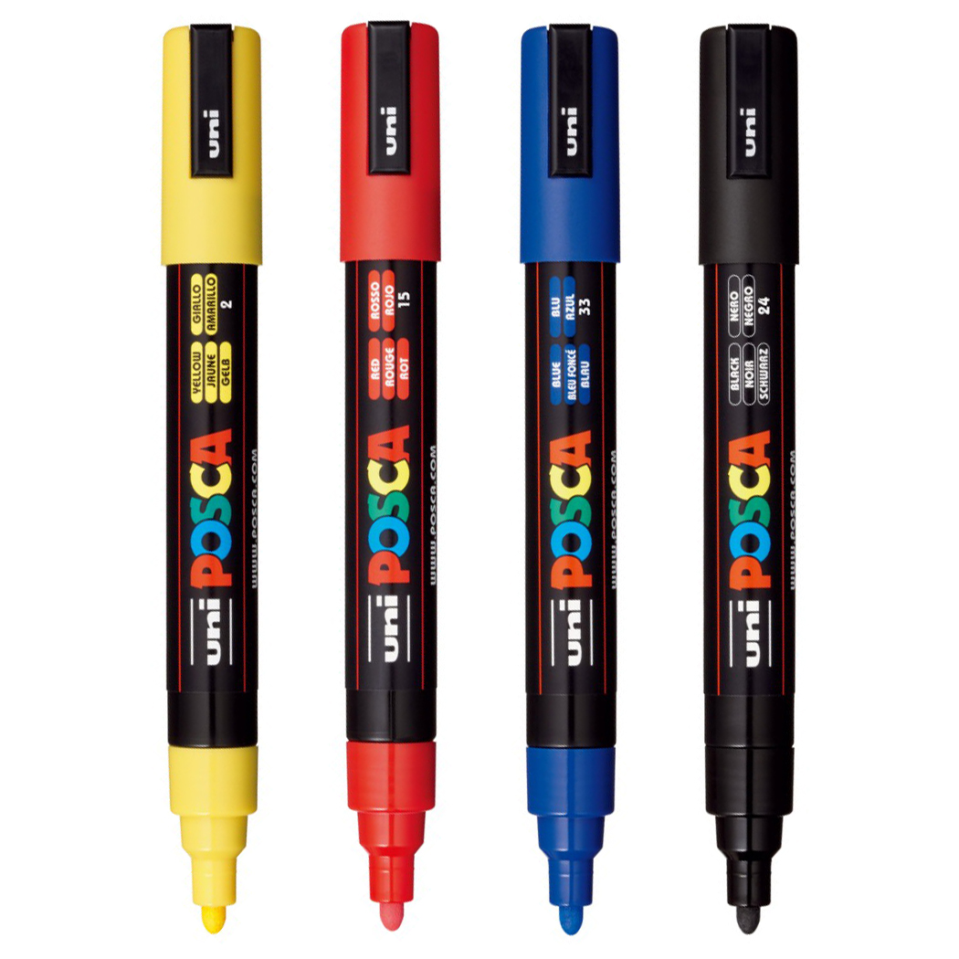 Set 4 Markere cu Vopsea Acrilica PC 5M Uni Posca – varf rotund 1.8 2.5mm pentru desen, scriere, colorare și proiecte creative.