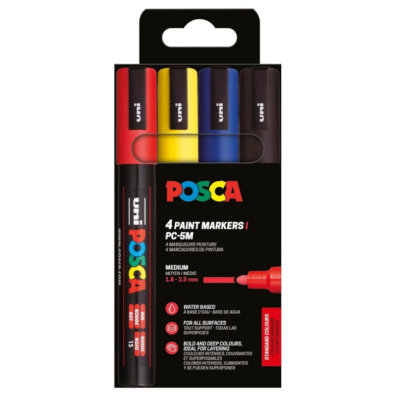 Set 4 Markere cu Vopsea Acrilica PC 5M Uni Posca – varf rotund 1.8 2.5mm pentru desen, scriere, colorare și proiecte creative.