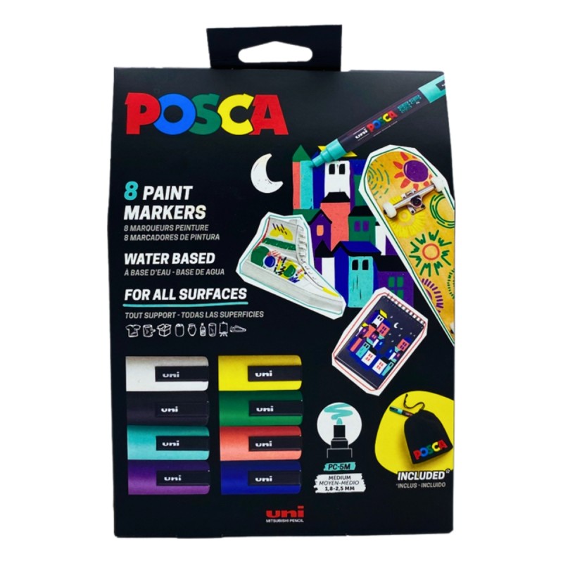 Set 8 Markere cu Vopsea Acrilica PC 5M Uni Posca pentru desen, scriere, colorare și proiecte creative.