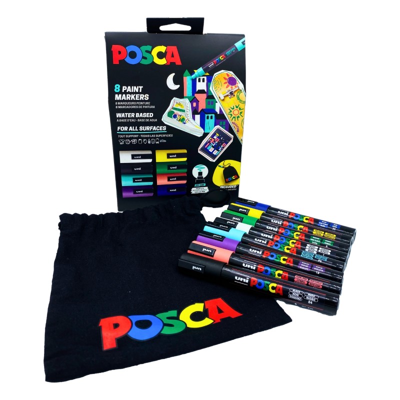 Set 8 Markere cu Vopsea Acrilica PC 5M Uni Posca pentru desen, scriere, colorare și proiecte creative.