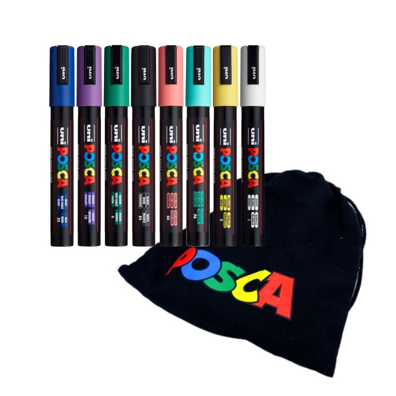 Set 8 Markere cu Vopsea Acrilica PC 5M Uni Posca pentru desen, scriere, colorare și proiecte creative.