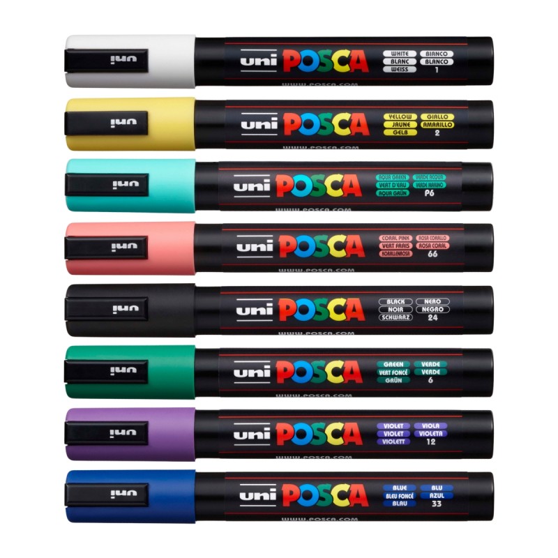 Set 8 Markere cu Vopsea Acrilica PC 5M Uni Posca pentru desen, scriere, colorare și proiecte creative.