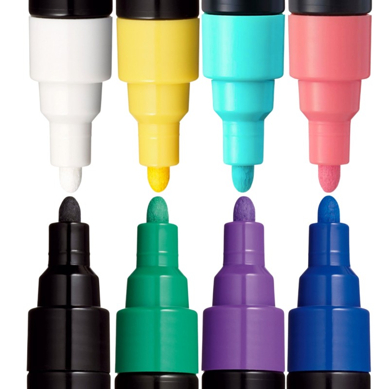 Set 8 Markere cu Vopsea Acrilica PC 5M Uni Posca pentru desen, scriere, colorare și proiecte creative.
