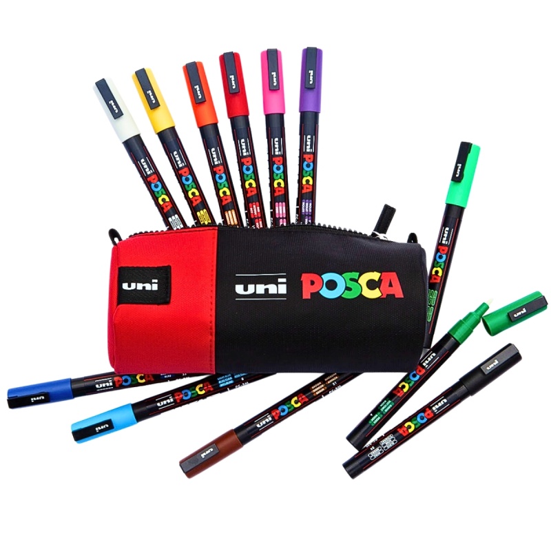 Penar echipat cu 16 Markere cu Vopsea Acrilica Uni Posca Rosu pentru desen, scriere, colorare și proiecte creative.