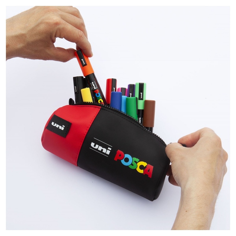 Penar echipat cu 16 Markere cu Vopsea Acrilica Uni Posca Rosu pentru desen, scriere, colorare și proiecte creative.