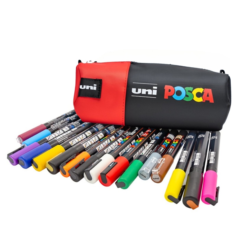 Penar echipat cu 16 Markere cu Vopsea Acrilica Uni Posca Rosu pentru desen, scriere, colorare și proiecte creative.