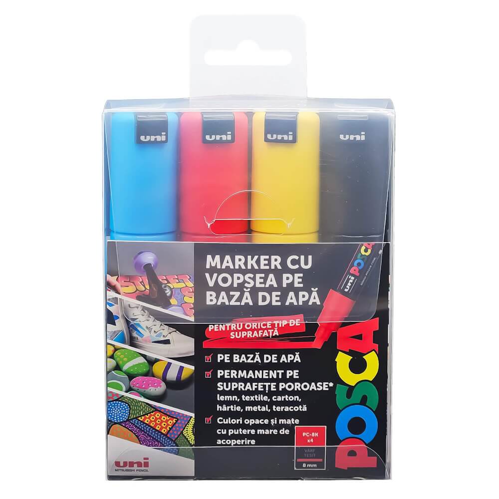 Set 4 Markere cu Vopsea Acrilica PC 8K Uni Posca pentru desen, scriere, colorare și proiecte creative.