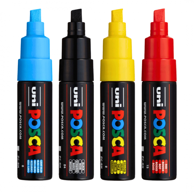 Set 4 Markere cu Vopsea Acrilica PC 8K Uni Posca pentru desen, scriere, colorare și proiecte creative.