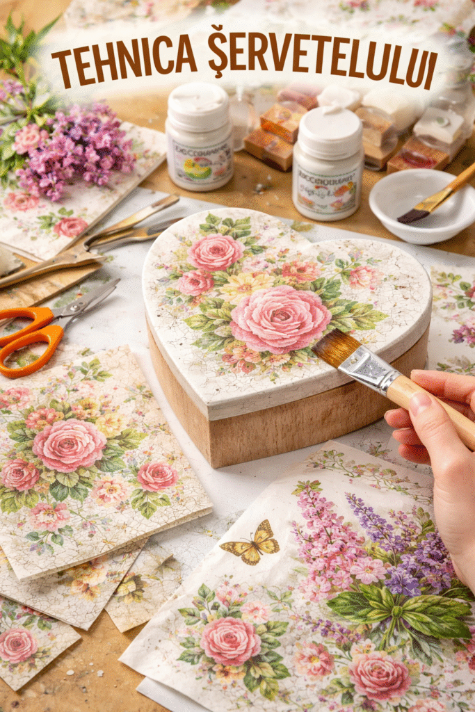 decoupage tehnica șervețelului hobby creativ DIY (do it yourself) colaj decorativ lipire hârtie șervețele decorative lac pentru decoupage adeziv special obiecte personalizate decor handmade