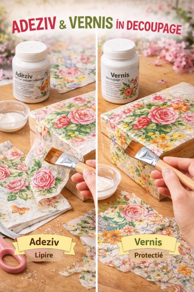 adeziv decoupage, vernis decoupage, lac de finisare, adeziv hobby, tehnica decoupage, DIY, artizanat,