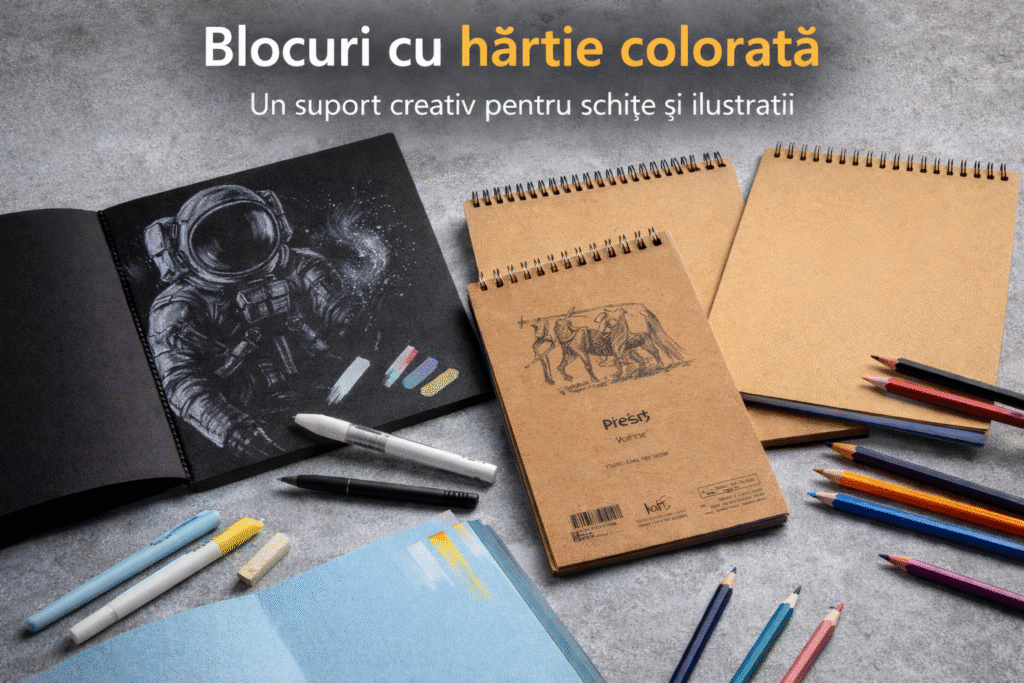 bloc hartie colorata, bloc desen hartie colorata, bloc desen negru, bloc desen kraft, sketchbook hartie colorata, hartie colorata pentru desen