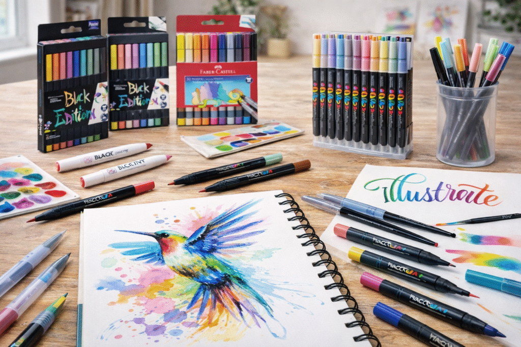 brush pens pentru desen, markere pentru artisti, carioci colorate desen