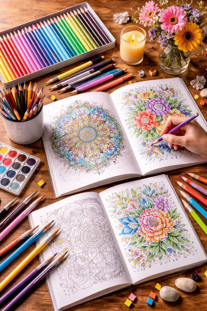 beneficii cărți de colorat pentru adulți metode de relaxare acasă idei de hobby-uri creative cum să te relaxezi după muncă coloratul ca terapie pentru stres