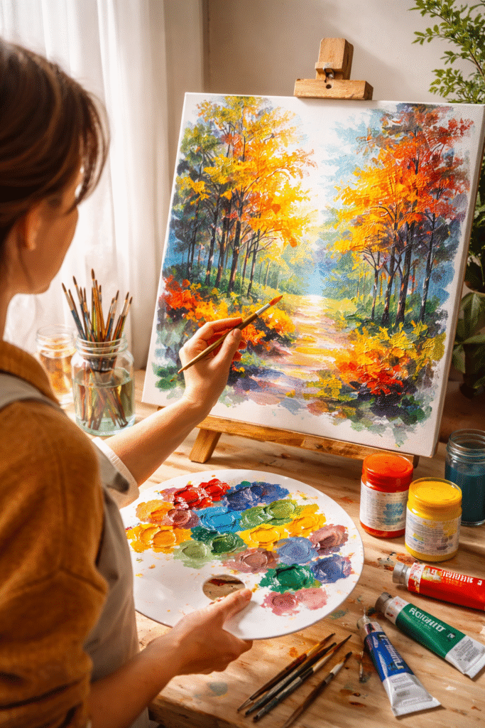 artist pictând peisaj cu culori acuarele pe hârtie, paletă de acuarele și pensule pe masa de lucru