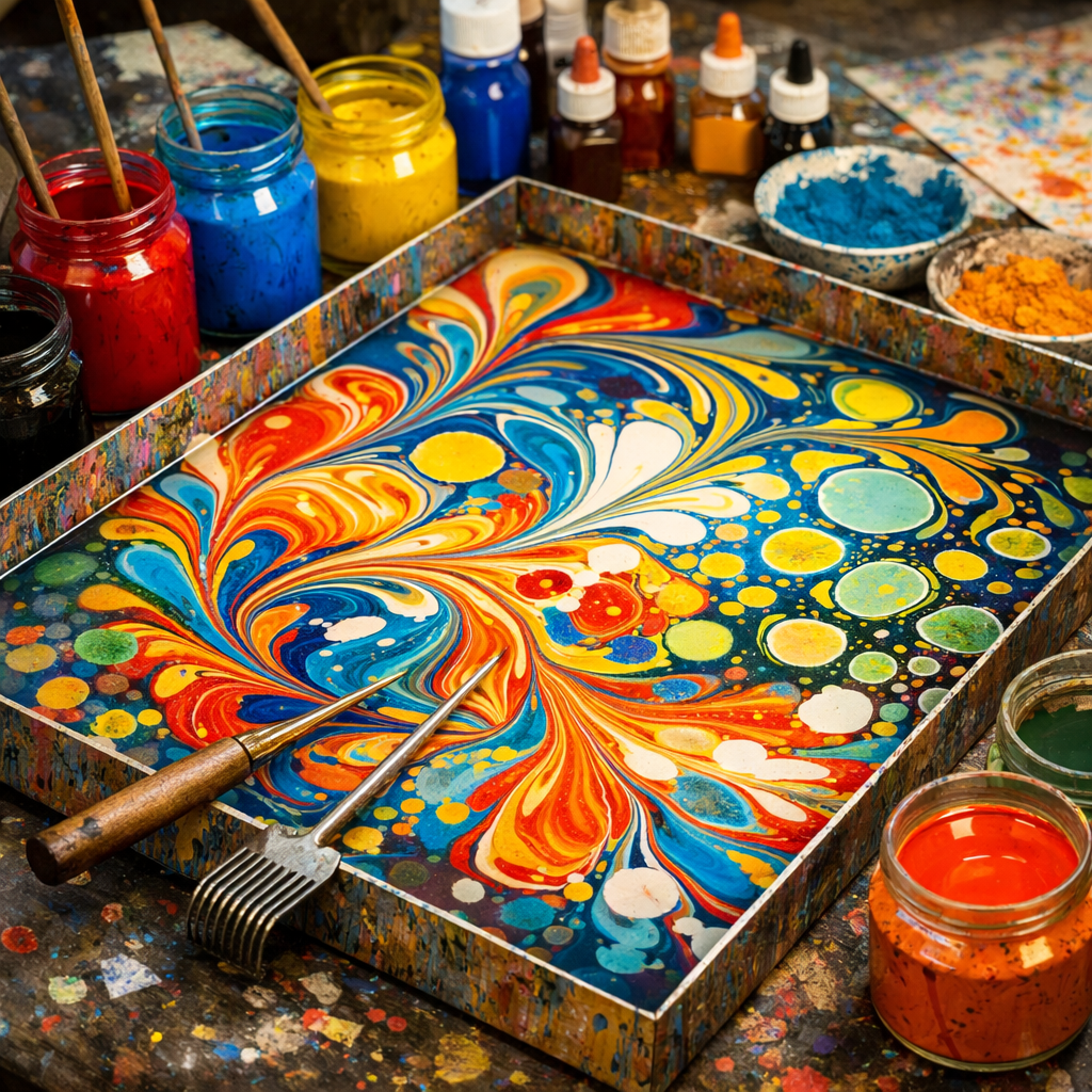 ebru marbling pictură pe apă artă tradițională turcească model fluid tehnică decorativă